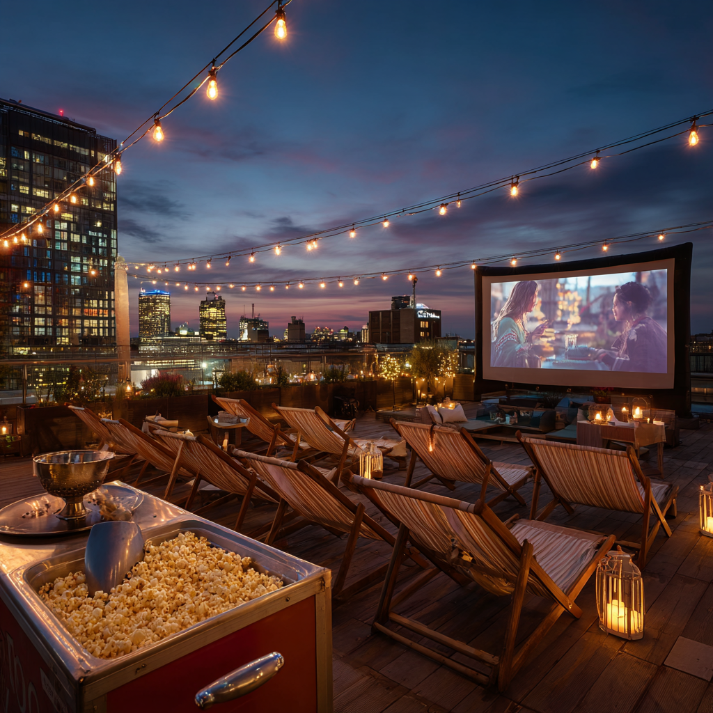 Rooftop Mini-Cinema & Artisan Popcorn Cart Bridal Shower Party